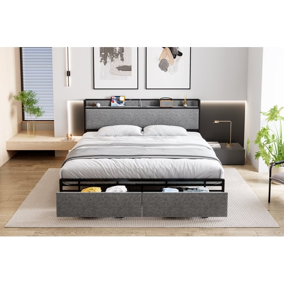 Bed Frame with 2 Storage Drawers and Headboard, Upholstered Bed Frame Queen Size with Charging Station, No Box Spring Needed, Sturdy, Noiseless, Easy Assembly - Grey
