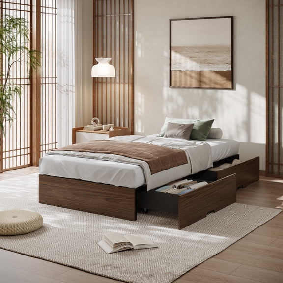 Bed Frame with 2 Storage Drawers, Wooden Low Profile Bed Frame, No Headboard, No Box Spring Needed, California King/King/Full/Twin-XL/Twin, Walnut/Natural