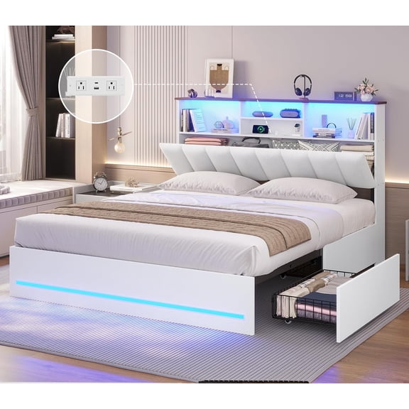 Bed Frame with 4 Storage Drawers & Charging Station & LED Lights, Bed Frames with Stylish Bookcase Headboard, Led Bed Frame with Metal Slats, No Box Spring Needed,White