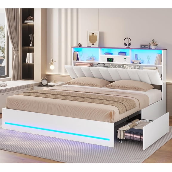 Bed Frame with 4 Storage Drawers & Charging Station & LED Lights, Bed Frames with Stylish Bookcase Headboard, Led Bed Frame with Metal Slats, No Box Spring Needed,White