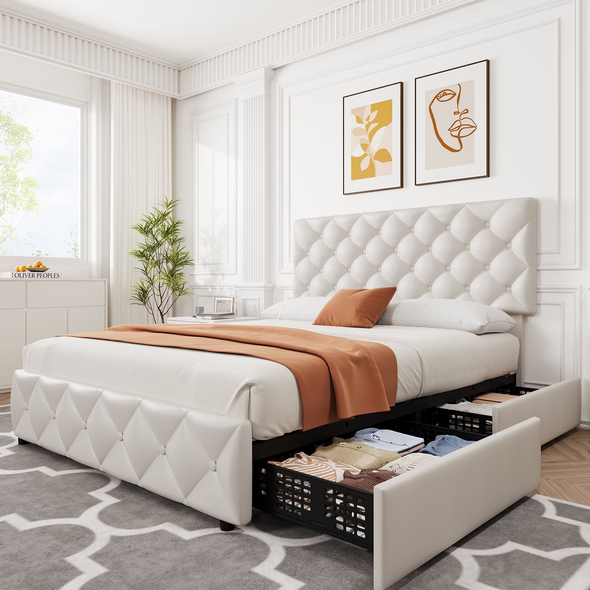 Bed Frame with 4 Storage Drawers, Faux Leather Upholstered Platform Bed ...