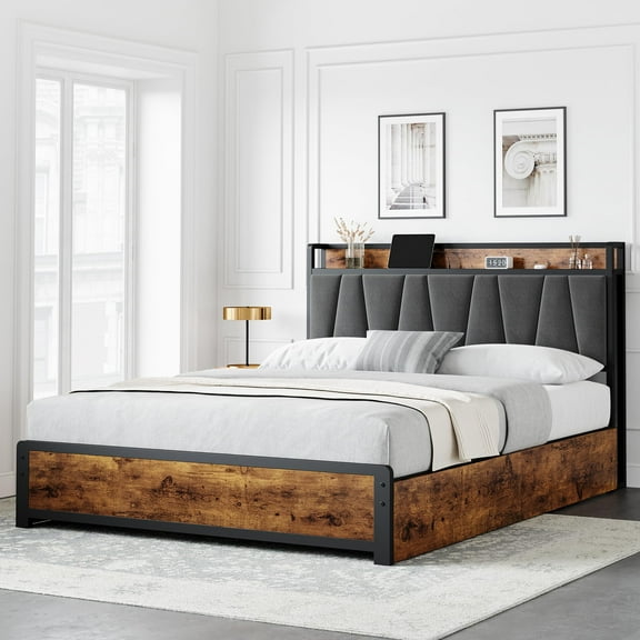 Bed Frame with 4 Storage Drawers, Noise-Free Design, Built-in Charging Station, Easy Assembly, and Sturdy Metal Construction - Supports Up to 1000 lbs!