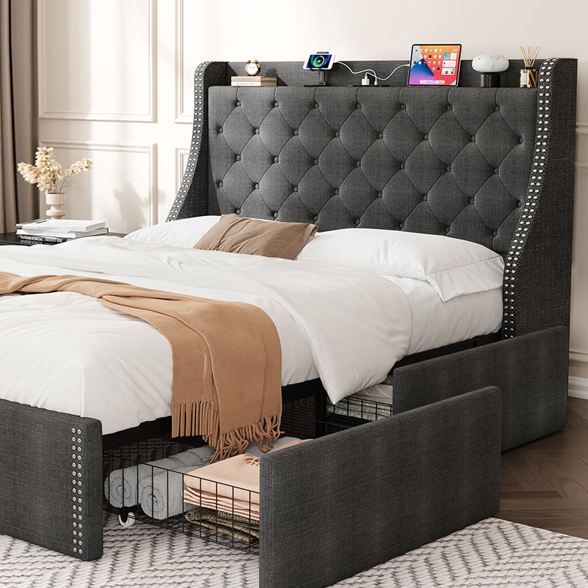 Bed Frame with 4 Storage Drawers and Wingback Storage Headboard ...