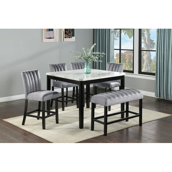 Bed Frame 6-Piece Contemporary Counter Height Dinner Set Square Marble Table Tope Black Finish Upholstered Chairs Bench Channel Tufting Wooden Solid Wood Dinner Room Kitchen Furnit