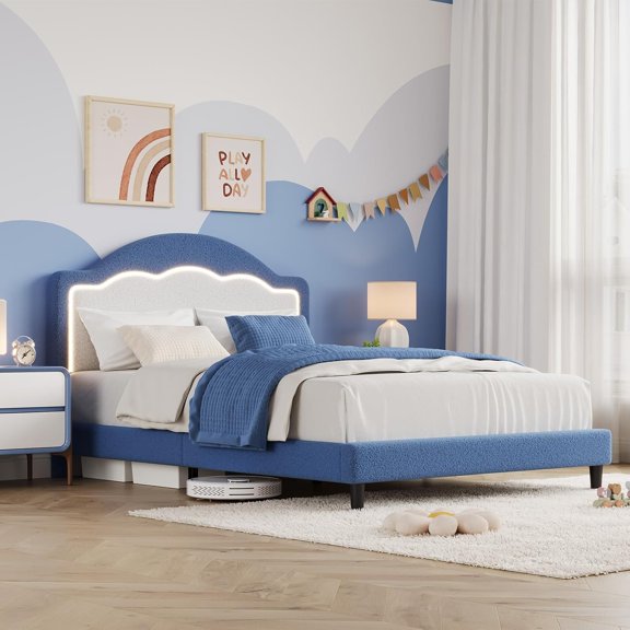 Bed Frame with Adjustable Headboard, Sherpa Fleece Upholstered Platform Bed Frame with LED Lights, 750 LB Capacity, Wooden Slats Support, No Box Spring Needed