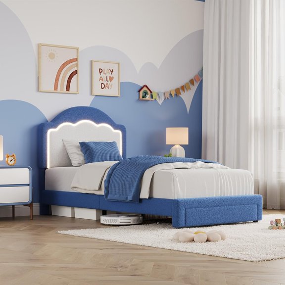 Bed Frame with Adjustable Headboard, Sherpa Fleece Upholstered Platform Bed Frame with LED Lights, 750 LB Capacity, Wooden Slats Support, No Box Spring Needed