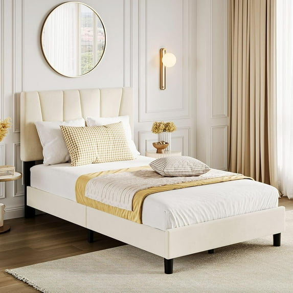 Bed Frame with Adjustable Headboard, Velvet Upholstered Tufted Twin Platform Bedframe with Strong Wooden Slats, Mattress Foundation, No Box Spring Needed