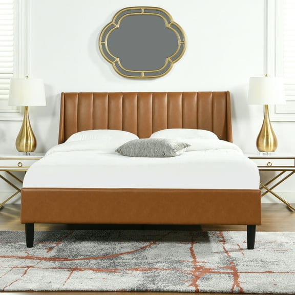 Bed Frame Aspen Vertical Tufted Modern Headboard Platform Bed Set, Queen, Caramel Brown Faux Leather