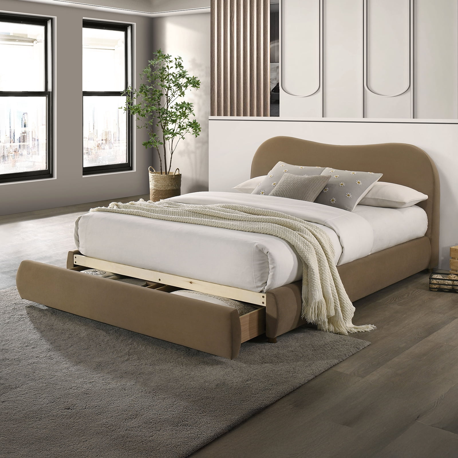 Bed Frame Beautiful 1pc Queen Size Bed Curved Design Velvet Brown Color Upholstered Headboard Storage FB Bedroom Furniture Bedframe