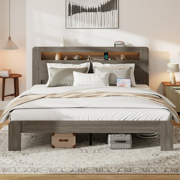 Bed Frame Bed Frame King Size, Wood Platform Bed Frame with Storage LED Light Headboard and 2 USB , Noise Free,No Box Spring Needed and Easy Assembly Tool,Large Under Bed Storage,Dark Grey