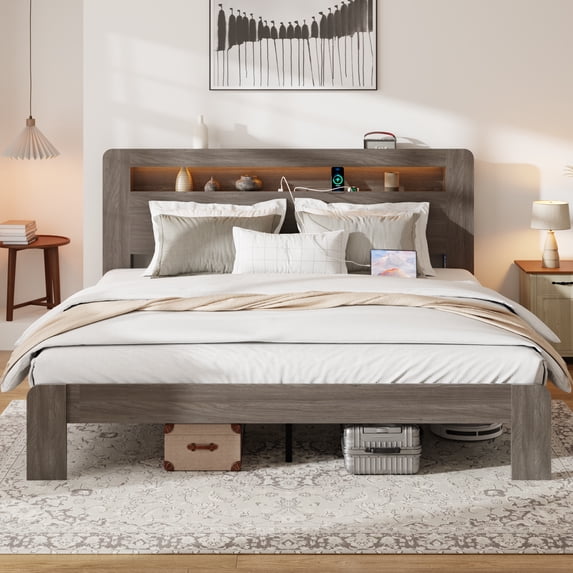 Bed Frame Bed Frame King Size, Wood Platform Bed Frame with Storage LED Light Headboard and 2 USB , Noise Free,No Box Spring Needed and Easy Assembly Tool,Large Under Bed Storage,Dark Grey