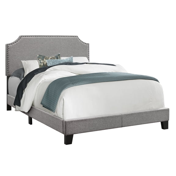 Bed Frame Bed, Full Size, Bedroom, Upholstered, Grey Linen Look, Chrome Trim, Transitional