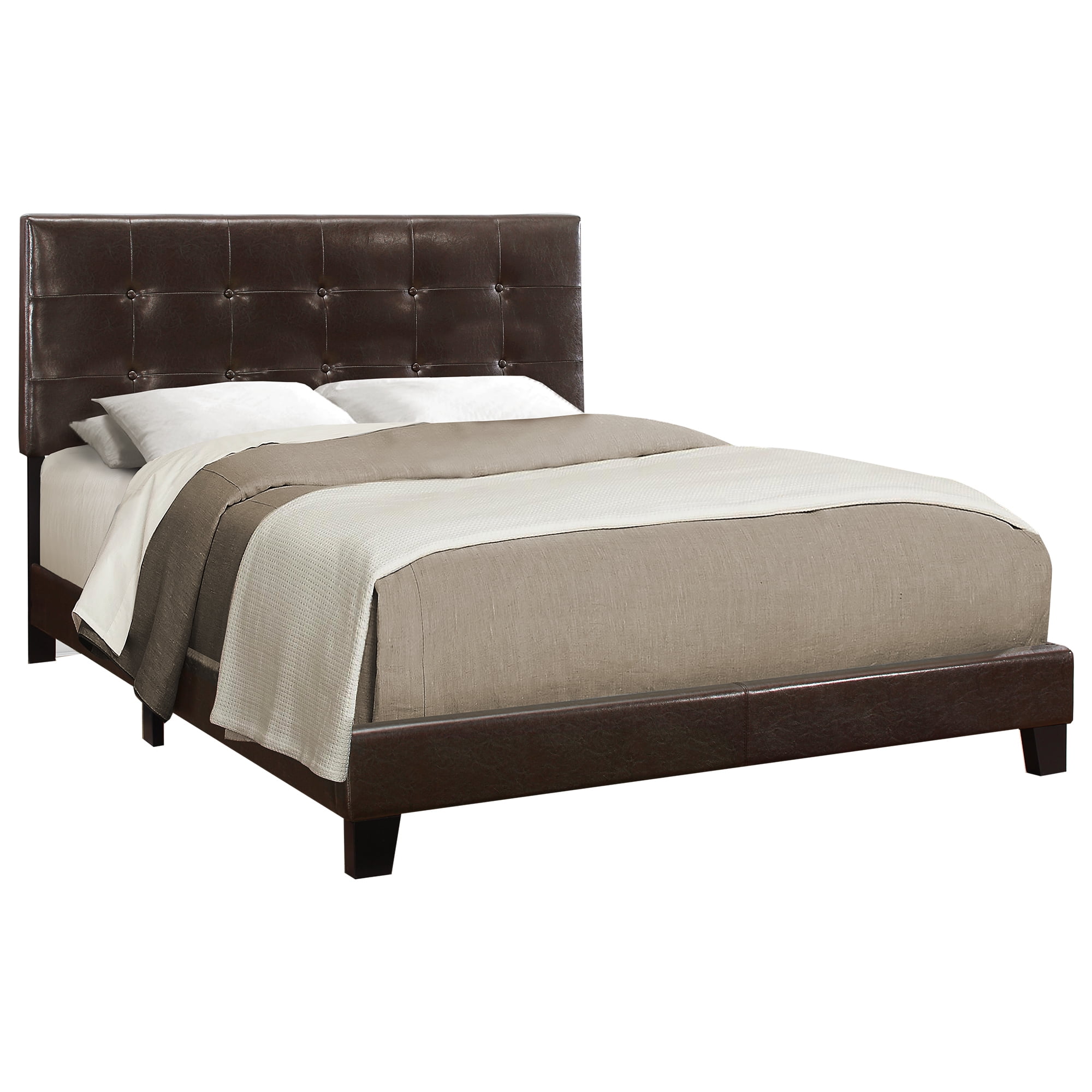 Bed Frame Bed, Queen Size, Bedroom, Upholstered, Brown Leather Look, Transitional