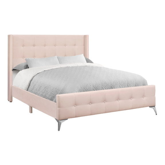 Bed Frame Bed, Queen Size, Bedroom, Upholstered, Pink Velvet, Chrome Metal Legs