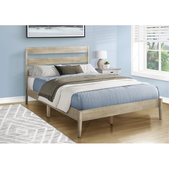 Bed Frame Bed, Queen Size, Frame Only, Platform Bed, Bedroom, Grey Wood Frame, Grey Solid Wood Legs, Contemporary