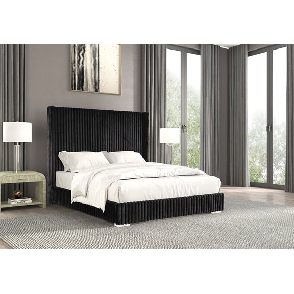 Bed Frame Bedroom Furniture Black Color Contemporary 1pc Full Size Bed Fur Chenille Fabric Mattress Ready