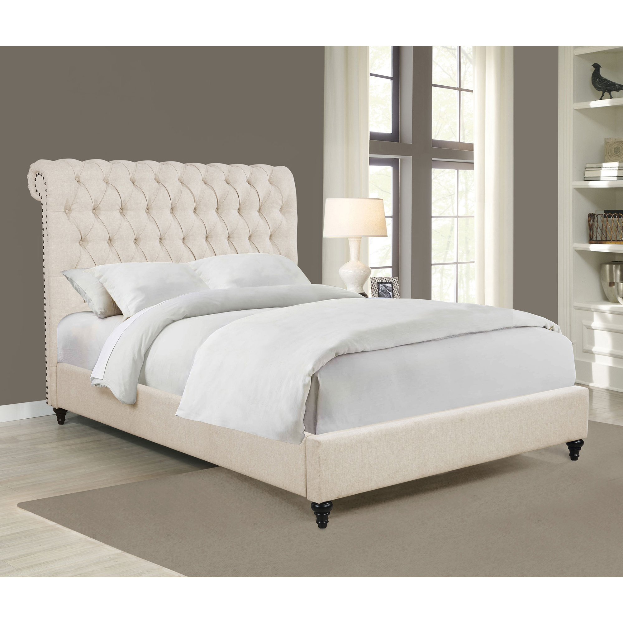 Bed Frame Beige Tufted Upholstered Queen Bed