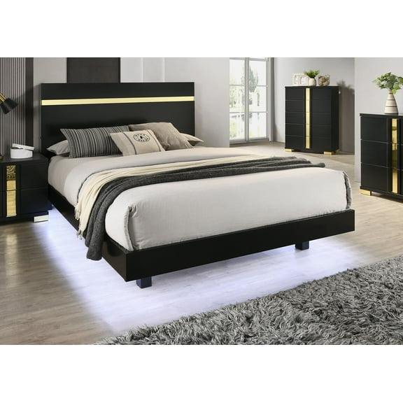 Bed Frame Black 1pc Queen Size Bed Underbed LED Modern Bedroom Furniture Acrylic Trim Mattress Ready Bedframe