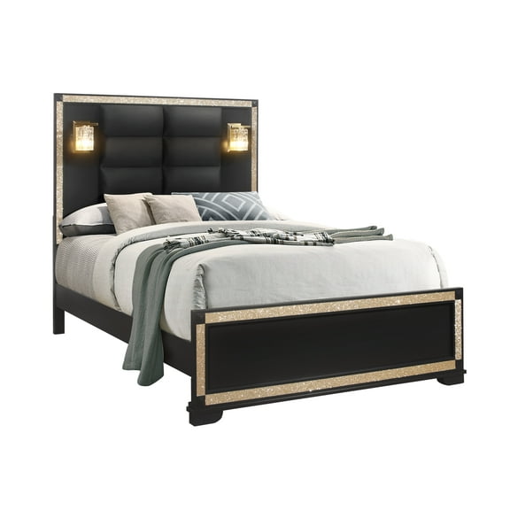 Bed Frame Black/Gold Queen Bed With Lamps