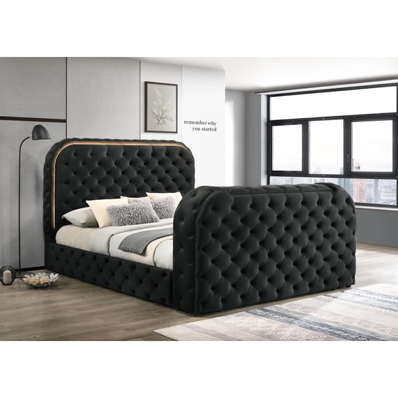 Bed Frame Black Upholstery Velvet King Bed w/LED, Fireplace TV Stand