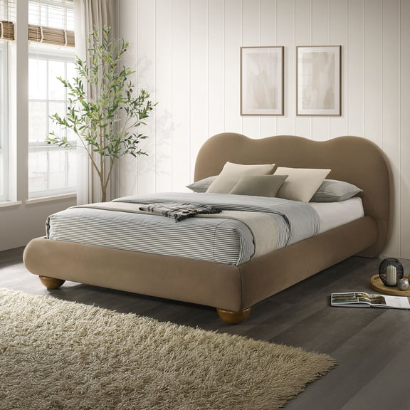 Bed Frame Brown Color 1pc Eastern King Size Bed Boucle Upholstered Round Bun Wood Feet Bedroom Furniture