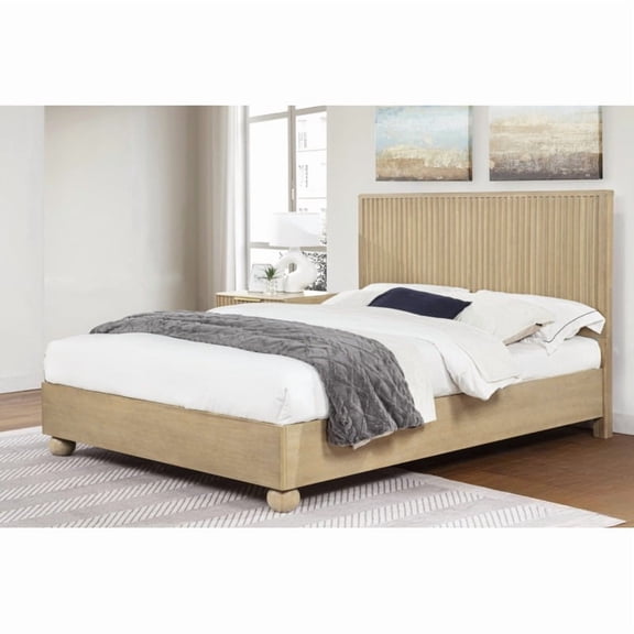 Bed Frame California King Size Wooden Platform Bed with Fluted Panels Headboard  Modern Minimalist Design, Light Oak Finish