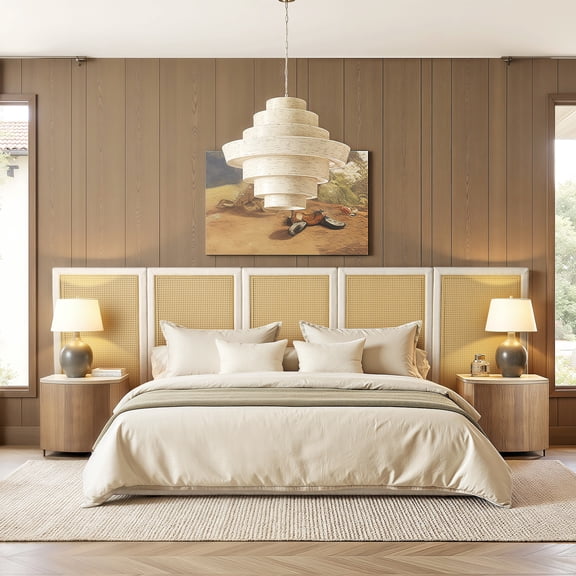 Bed Frame Capri Extended Headboard Cane Platform Bed, Antique White Polyester