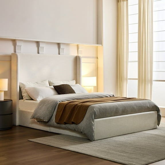 Bed Frame Carmen Upholstered Wingback Bed / Upholstered Platform Bed Frame / 52.3" High Headboard / Simplicity / Minimalist / No Box Spring Needed / Easy Assembly / King/ Textured Ivory Canvas Chenil