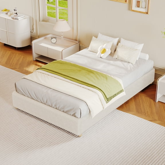 Bed Frame,Cloud Boucle Upholstered Platform Bed Frame without Headboard,Modern Soft Low Bed Frame with  Wood Slat Support, No Box Spring Needed, Easy Assembly
