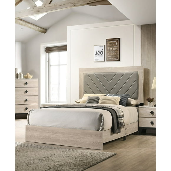 Bed Frame Contemporary 1pc Cream Finish Eastern King Size Bed Bedroom Furniture Gray V-Design Headboard Rubberwood 1pc Bedframe