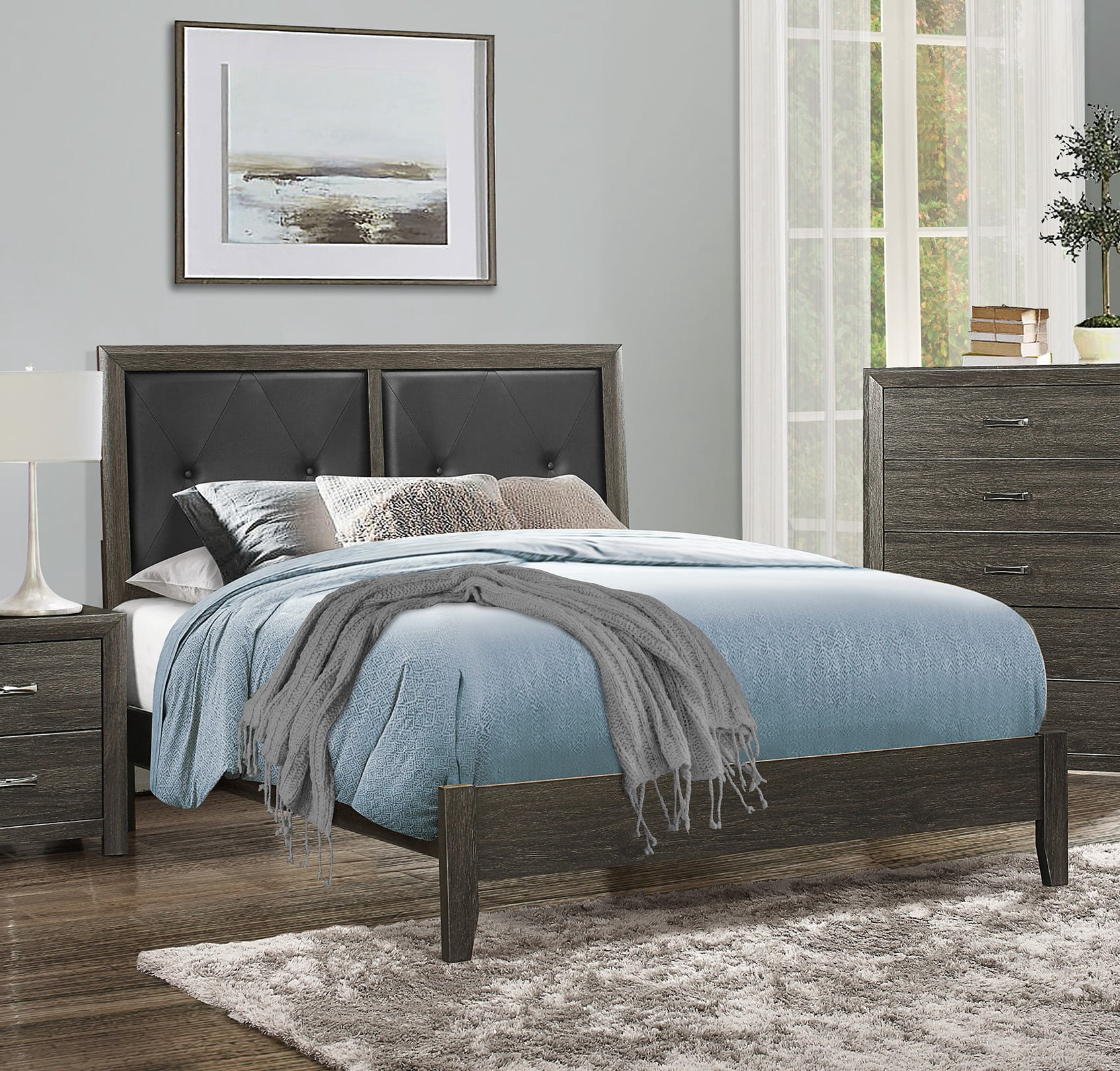 Bed Frame Contemporary Design Dark Gray Finish Queen Bed 1pc Button ...