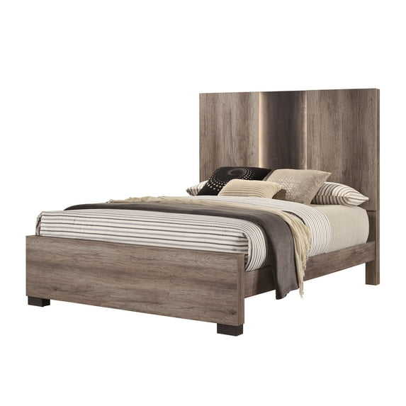 Bed Frame Contemporary King Panel LED Light Headboard Bed 1pc Brown Beige Gray Finish Wooden Bedroom Furniture