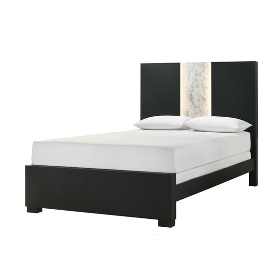 Bed Frame Contemporary Queen Panel LED Light Headboard Bed 1pc Black White Finish Wooden Bedroom Furniture