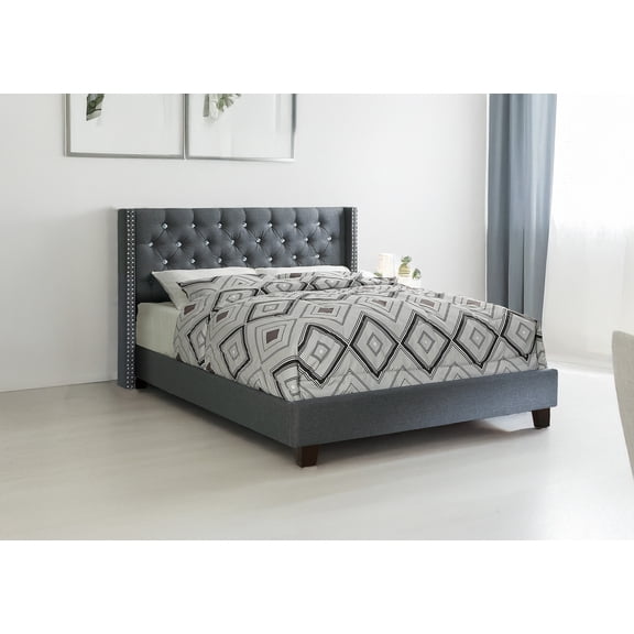 Bed Frame Contemporary Style 1pc Full Size Bed Diamond Tufted Headboard Plastic legs Blue Gray Finish Bedroom Furniture