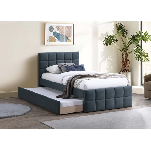 Bed Frame Contemporary Style 1pc Full Size Bed w/ Trundle Upholstered Headboard And Footboard Grid Pattern Charcoal Finish Bedroom Furniture