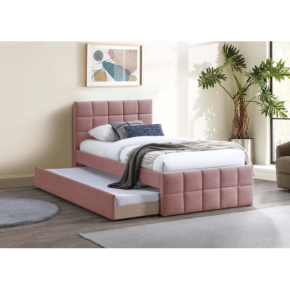 Bed Frame Contemporary Style 1pc Full Size Bed w/ Trundle Upholstered Headboard And Footboard Grid Pattern Light Pink Finish Bedroom Furniture