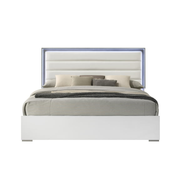 Bed Frame Contemporary Style Queen Bed Made with LED Headboard & Wood in White
