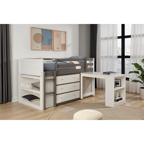 Bed Frame Contemporary Style Twin Bunk Bed Open Shelves Nesting Desk 3 Drawers White And Gray Finish Bedroom Furniture