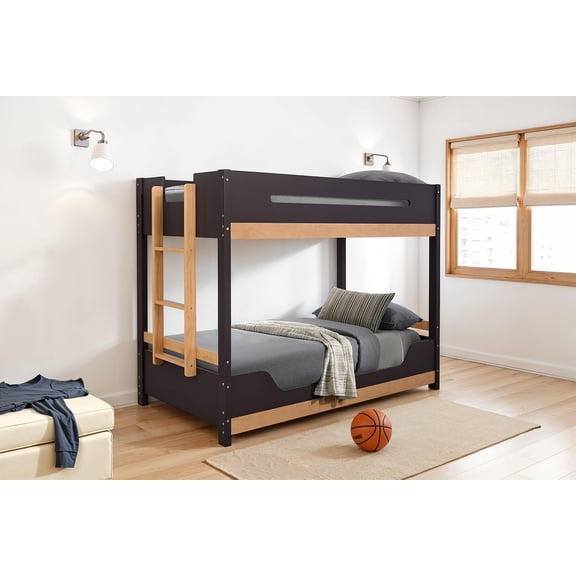 Bed Frame Contemporary Style Twin Over Twin Bunk Bed Attached Side Ladder Insert An d Lock Joint Purple Mauve/Natural Finish Bedroom Furniture