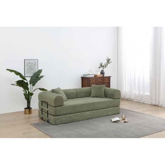 Bed Frame Convertible Sleeper Sofa Bed with Cylindrical Pillow - Corduroy Folding Mattress Couch with Fixed-Shape Frame for Living Room, Bedroom, Lounge, Studio - Light Green