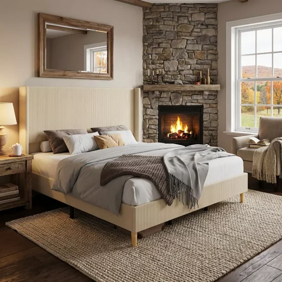 Wingback Bedframe, Corduroy Upholstered Bed Frame, No Box Spring Needed, Solid Wooden Slats, Noise Free