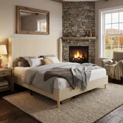 Wingback Bedframe, Corduroy Upholstered Bed Frame, No Box Spring Needed, Solid Wooden Slats, Noise Free