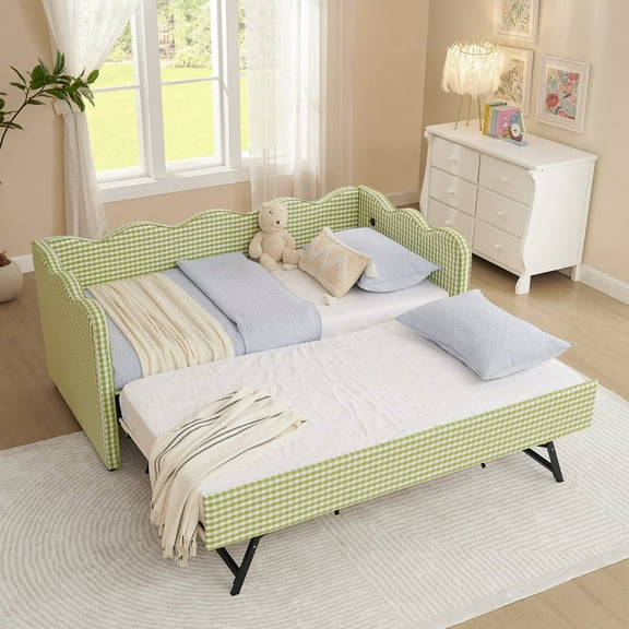 Bed Frame Cozy Gingham Daybed with Trundle Twin Size Sofa Bed No Box Spring Needed, with USB Port and Adorable Wave Shaped, Linen Fabric, Green,Platform Bed Frame