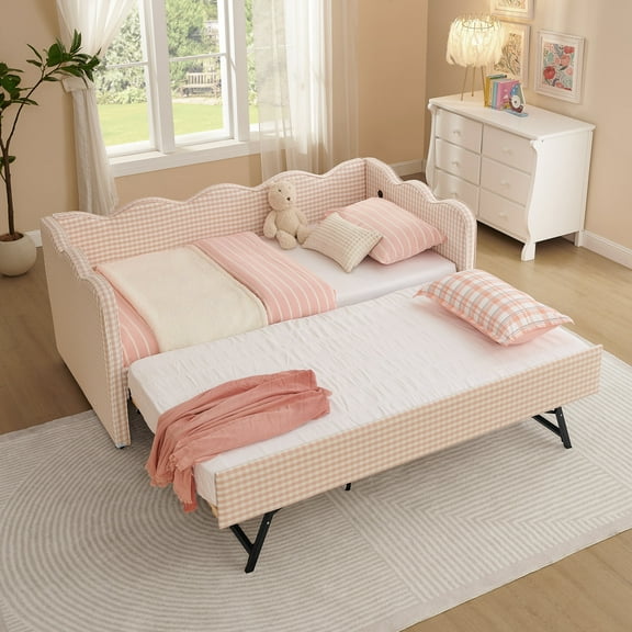 Bed Frame Cozy Gingham Daybed with Trundle Twin Size Sofa Bed No Box Spring Needed, with USB Port and Adorable Wave Shaped, Linen Fabric, Pink,Platform Bed Frame