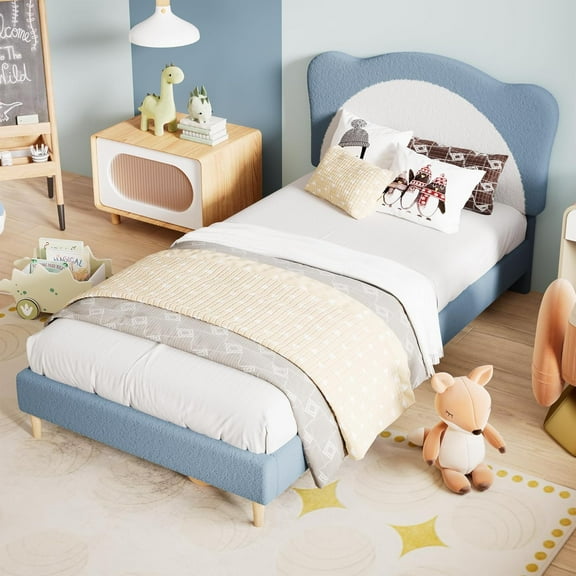 Bed Frame - Cute Velvet Princess Platform Bed with Upholstered Headboard for Girls/Boys, Solid Wood Slats Support, No Box Spring Needed