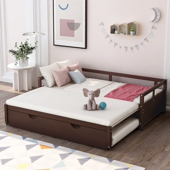 Bed Frame Extending Daybed with Trundle, Wooden Daybed with Trundle, Espresso(OLD SKU: WF194887AAP)