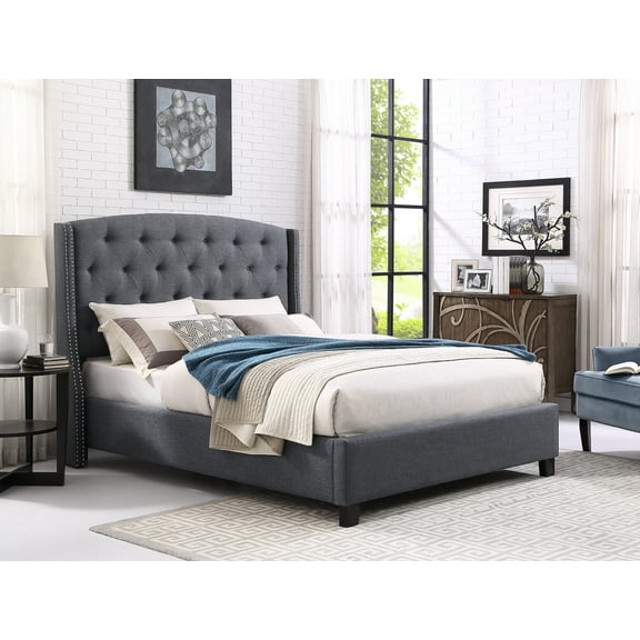 Bed Frame Fabric Button Tufted Wingback Upholstered Bed with Nail Head Trim, Gray
