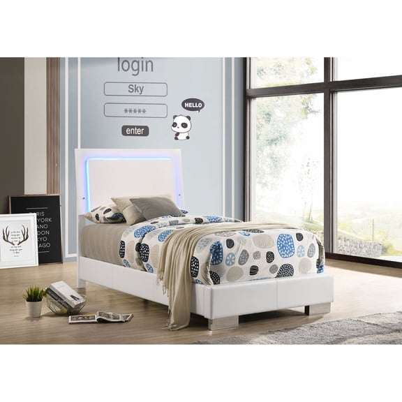Bed Frame Felicity White High Gloss Wood Twin LED Panel Bed,Platform Bed Frame