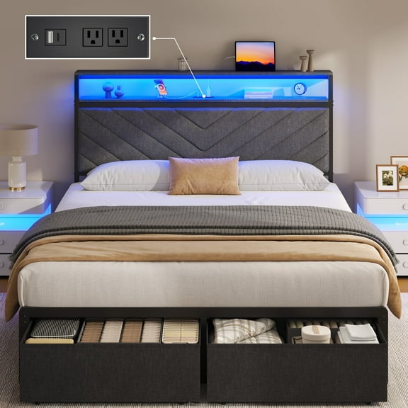 Full bed frame with charging station, LED lights, and storage drawers, with soft cushioned headboard, under bed storage space, easy to install, gray