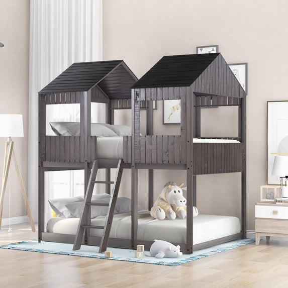 Bed Frame Full Over Full WoodBunk Bed with Roof, Window, Guardrail, Ladder
